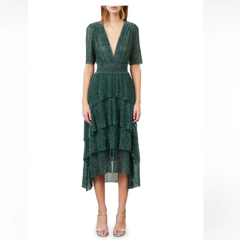 Maje Women's Ruffine Ruffle Lurex Midi Dress - Green - Size 10
